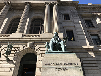 Alexander Hamilton statue outside of Courthouse